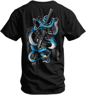 Combat Iron Men's Graphic T-Shirt | Subdued USA Flag SBR Snake Rifle | Cotton-Poly Blend | Athletic Fit, Tagless Comfort