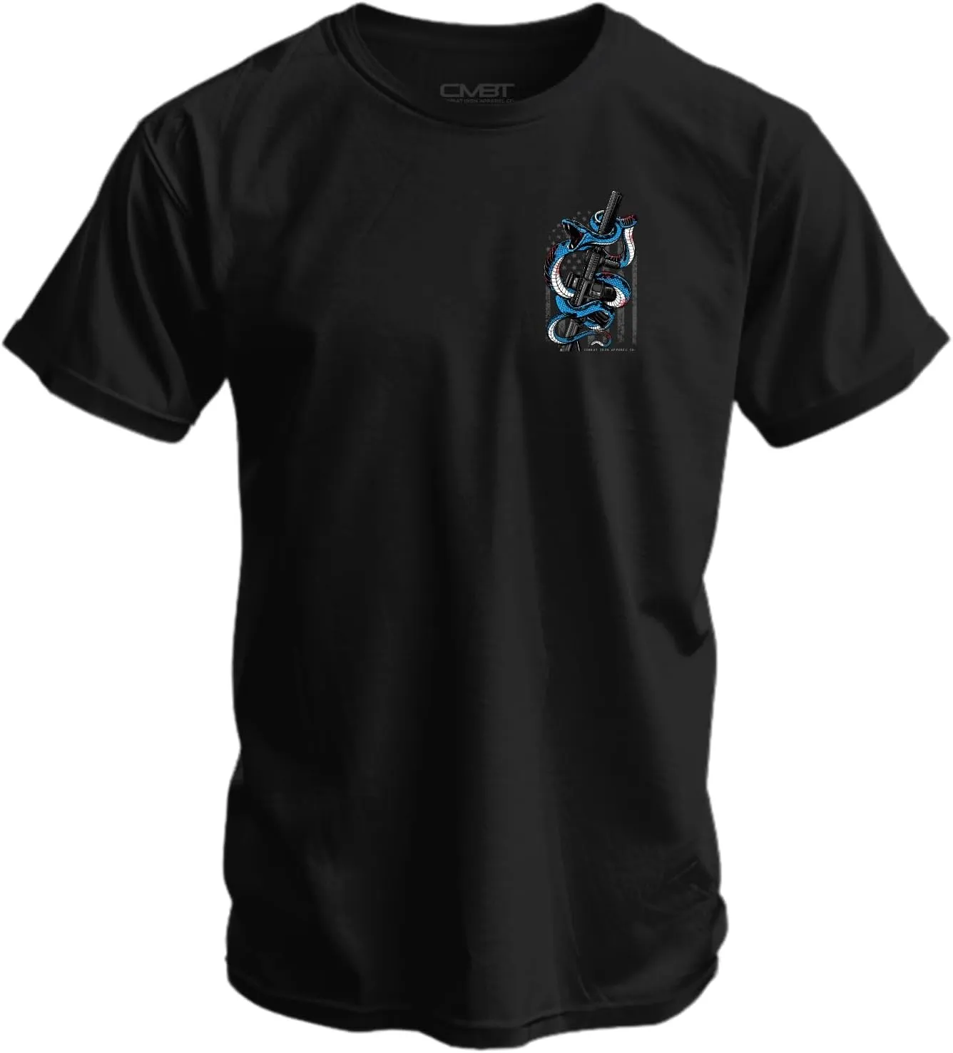 Combat Iron Men's Graphic T-Shirt | Subdued USA Flag SBR Snake Rifle | Cotton-Poly Blend | Athletic Fit, Tagless Comfort