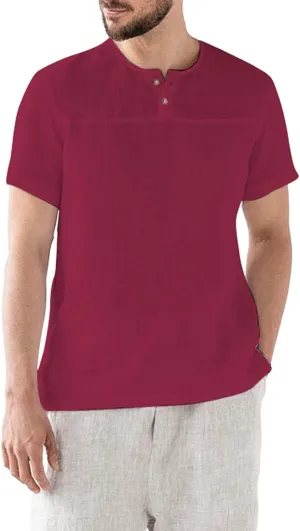 Linen Henley Shirt for Men Summer Solid Casual Trendy Tees Lightweight Breathable Athletic-Fit Button Up Beach Tops