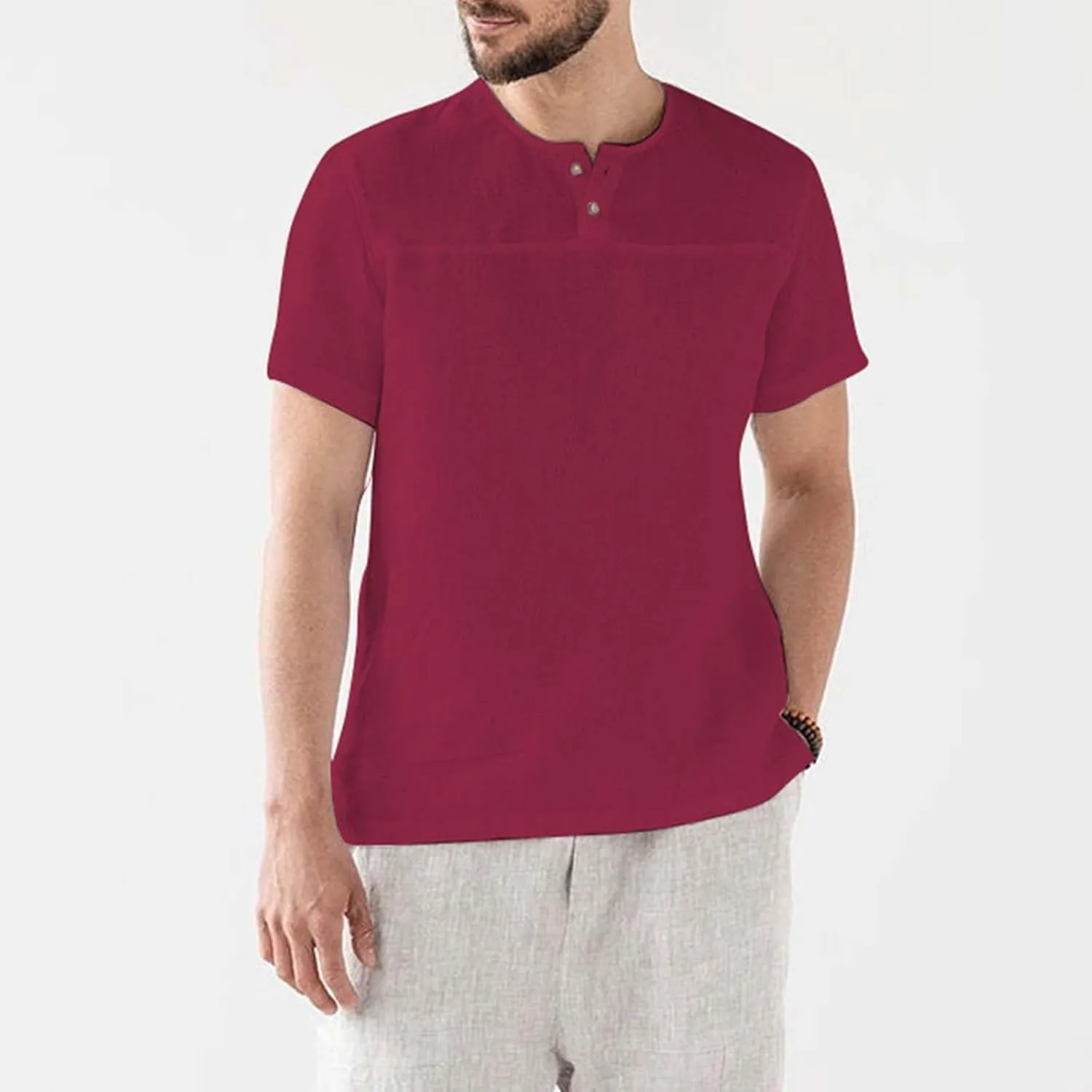 Linen Henley Shirt for Men Summer Solid Casual Trendy Tees Lightweight Breathable Athletic-Fit Button Up Beach Tops