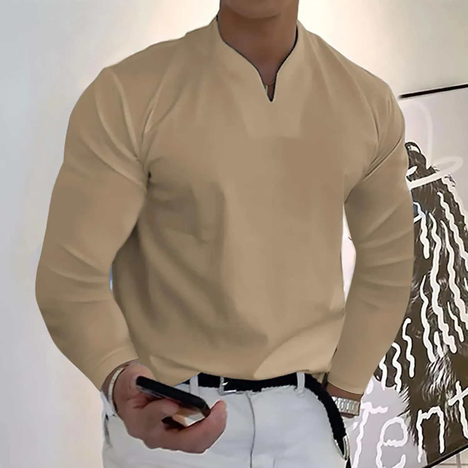 Long Sleeve T Shirt Men Big and Tall Oversized V Neck Fall Shirts Baggy Solid Shirts Big and Tall Fall Tshirts