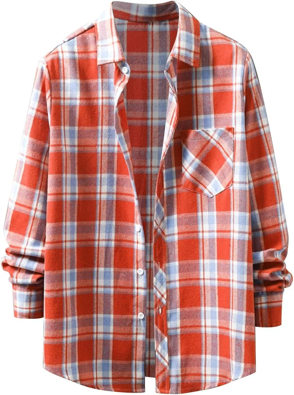 Men's Cotton Flannel Shirt Jacket Long Sleeve Button Down Plaid Shirt Color Block Lightweight Outdoor Camp Shirts