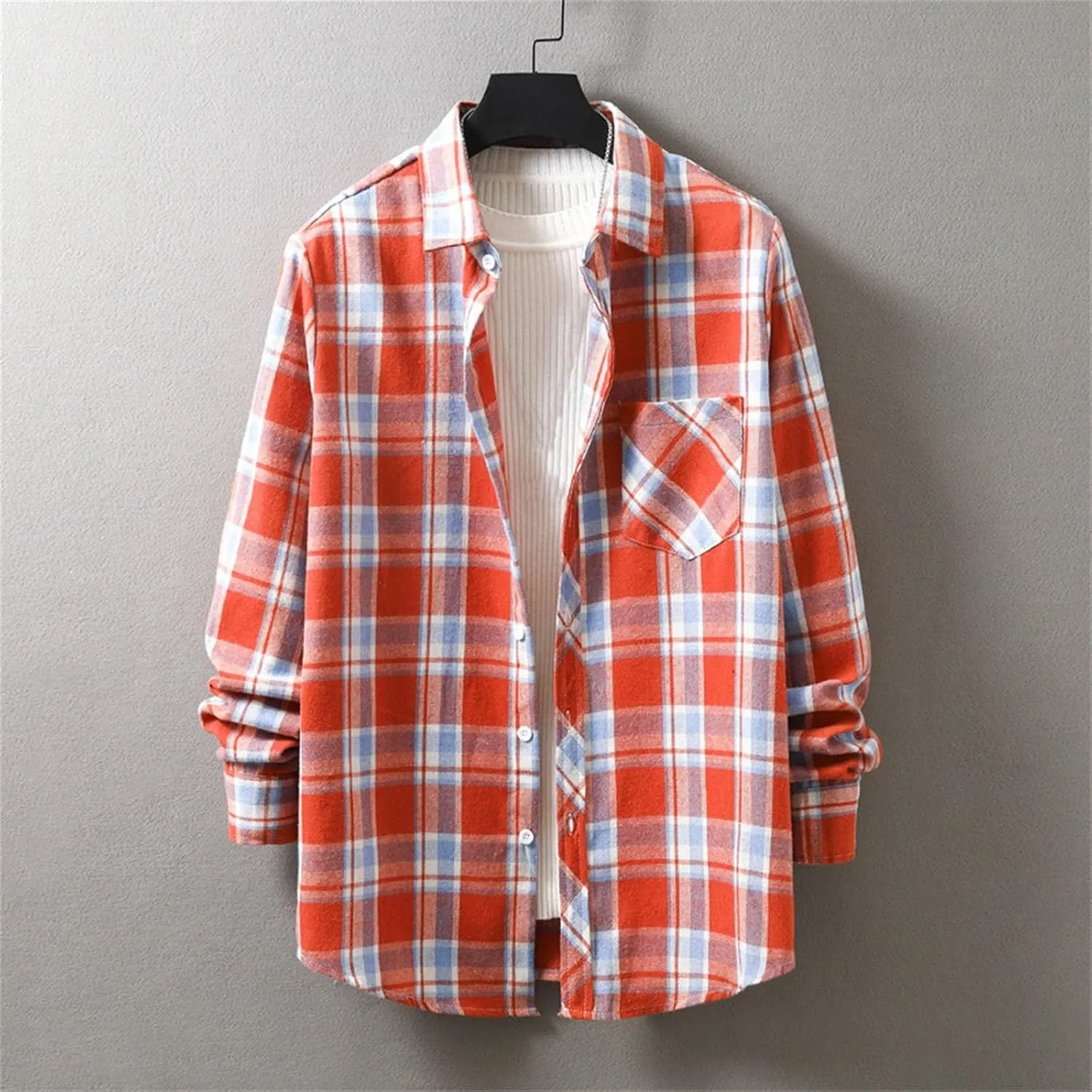 Men's Cotton Flannel Shirt Jacket Long Sleeve Button Down Plaid Shirt Color Block Lightweight Outdoor Camp Shirts