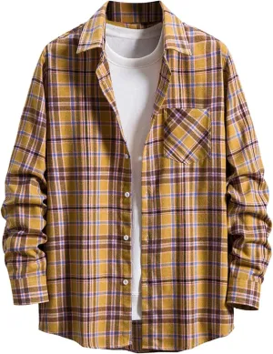 Men's Cotton Flannel Shirt Jacket Long Sleeve Button Down Plaid Shirt Color Block Lightweight Outdoor Camp Shirts