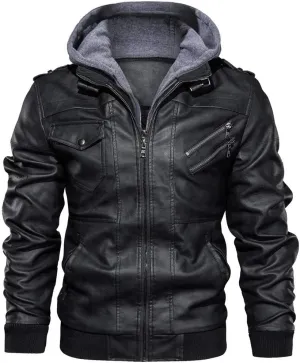 Men's Faux Leather Jacket Hooded Motorcycle Fleece Lined Windproof PU Vintage Distressed Winter Warm Bomber Coat