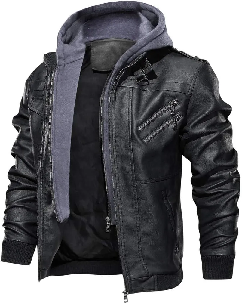 Men's Faux Leather Jacket Hooded Motorcycle Fleece Lined Windproof PU Vintage Distressed Winter Warm Bomber Coat