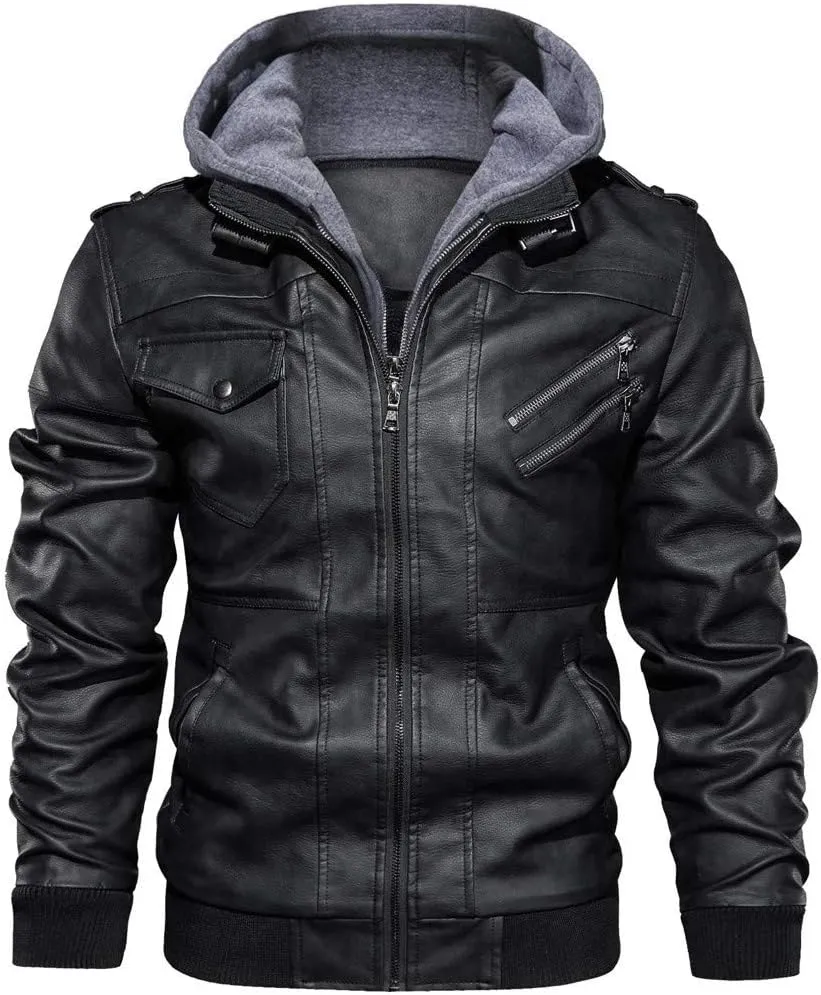 Men's Faux Leather Jacket Hooded Motorcycle Fleece Lined Windproof PU Vintage Distressed Winter Warm Bomber Coat