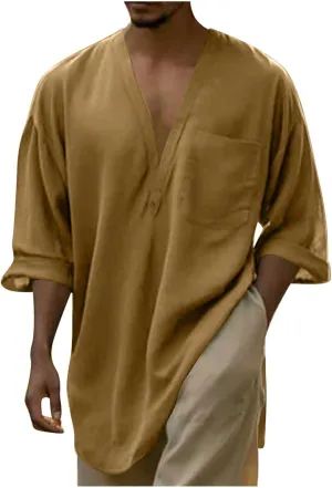 Mens Linen Shirt, Summer Lightweight Short Sleeve V-Neck Beach Yoga Top Casual Baggy Hippie Henley T Shirts Blouse