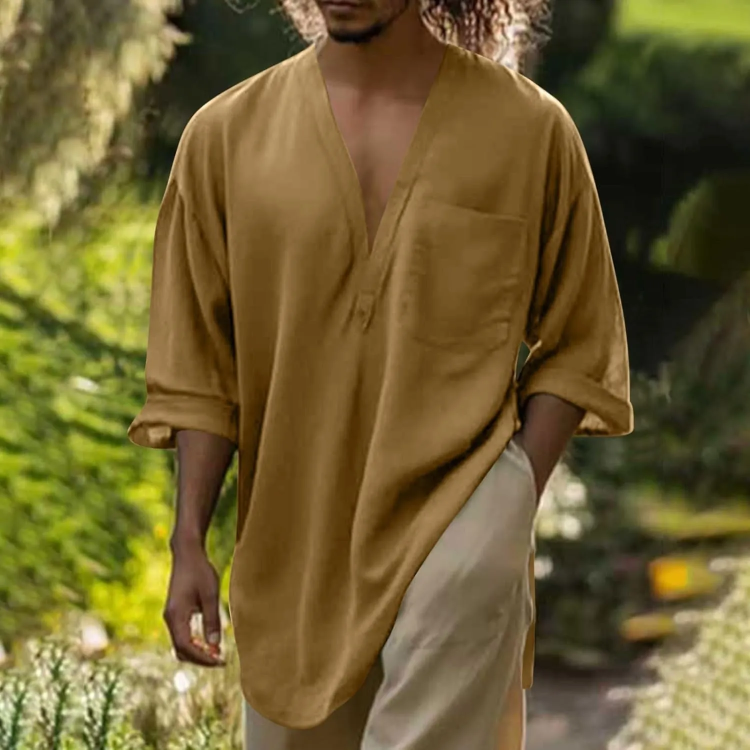 Mens Linen Shirt, Summer Lightweight Short Sleeve V-Neck Beach Yoga Top Casual Baggy Hippie Henley T Shirts Blouse