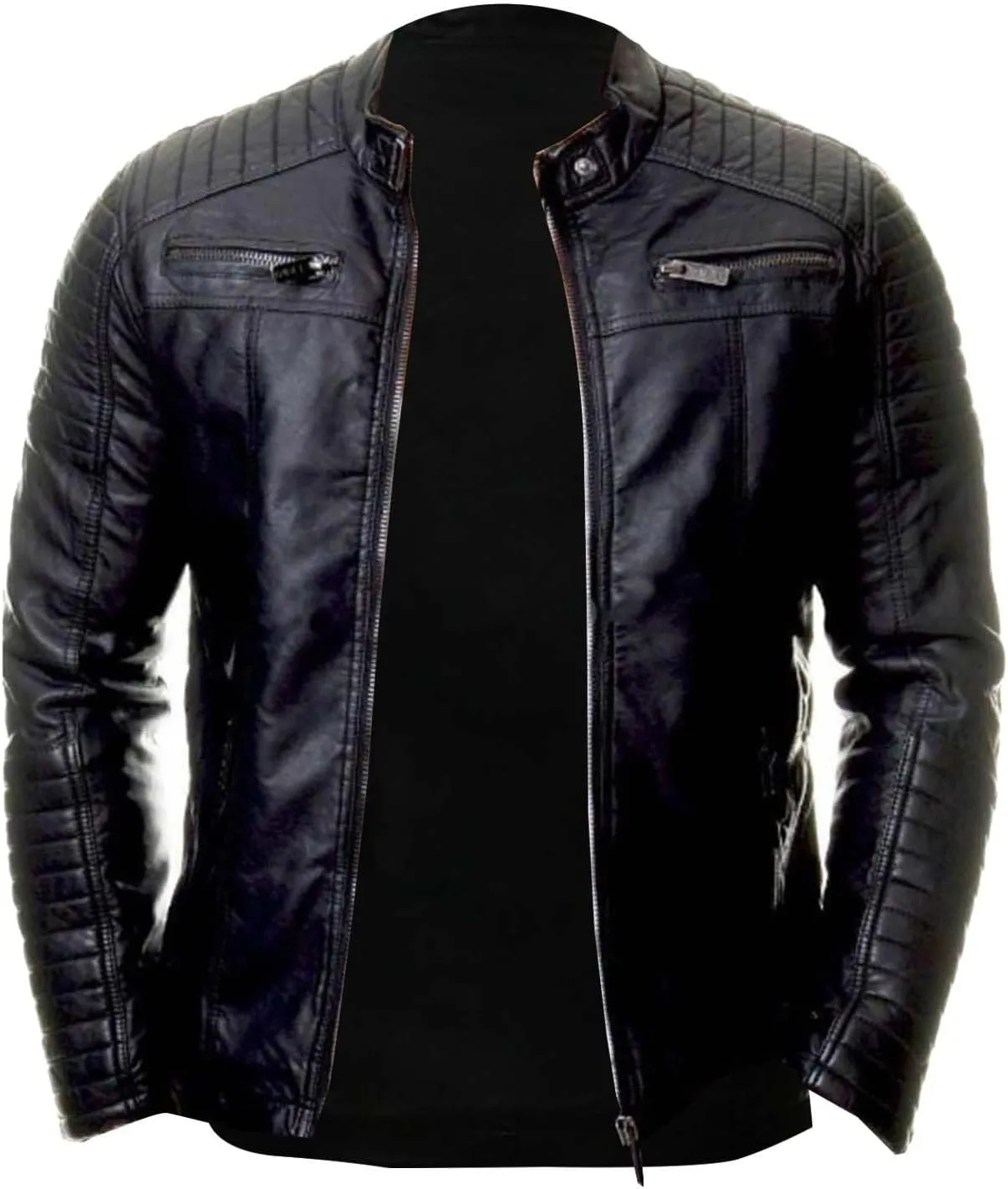 Mens Motorcycle Jacket Casual Slim Fit PU Leather Banded Collar Zipper Jacket Winter Spring Stylish Biker Jacket Coat