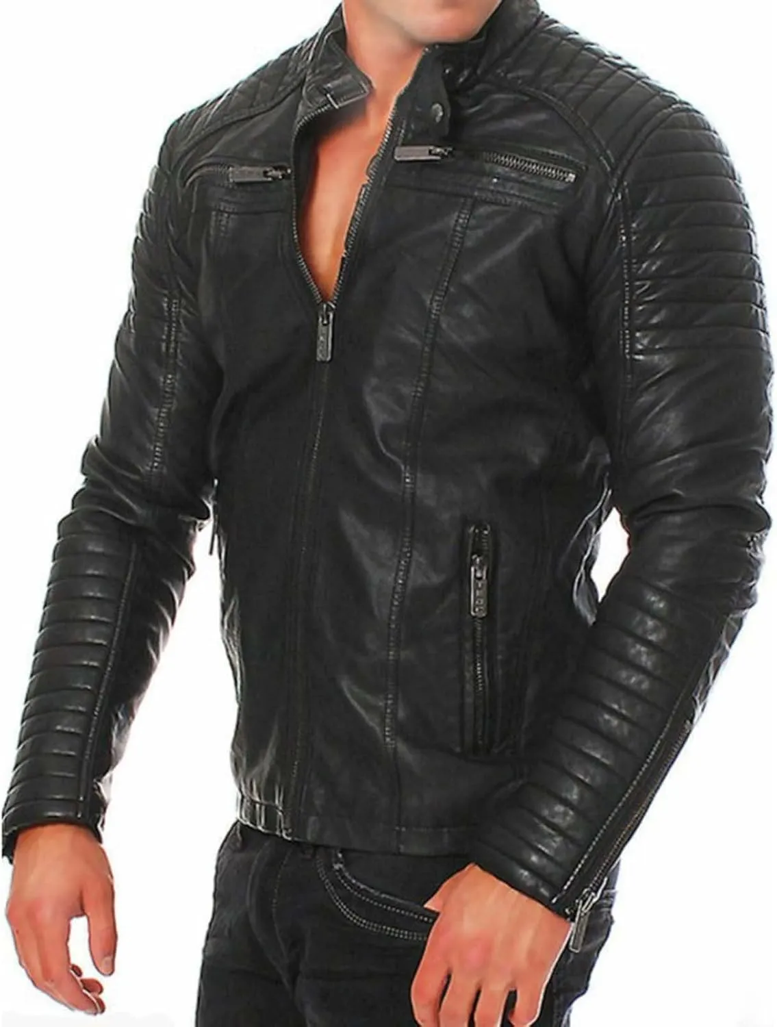 Mens Motorcycle Jacket Casual Slim Fit PU Leather Banded Collar Zipper Jacket Winter Spring Stylish Biker Jacket Coat