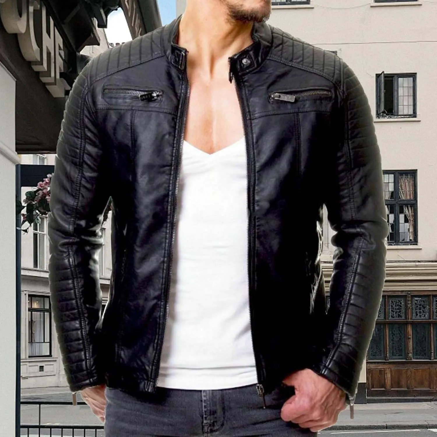 Mens Motorcycle Jacket Casual Slim Fit PU Leather Banded Collar Zipper Jacket Winter Spring Stylish Biker Jacket Coat