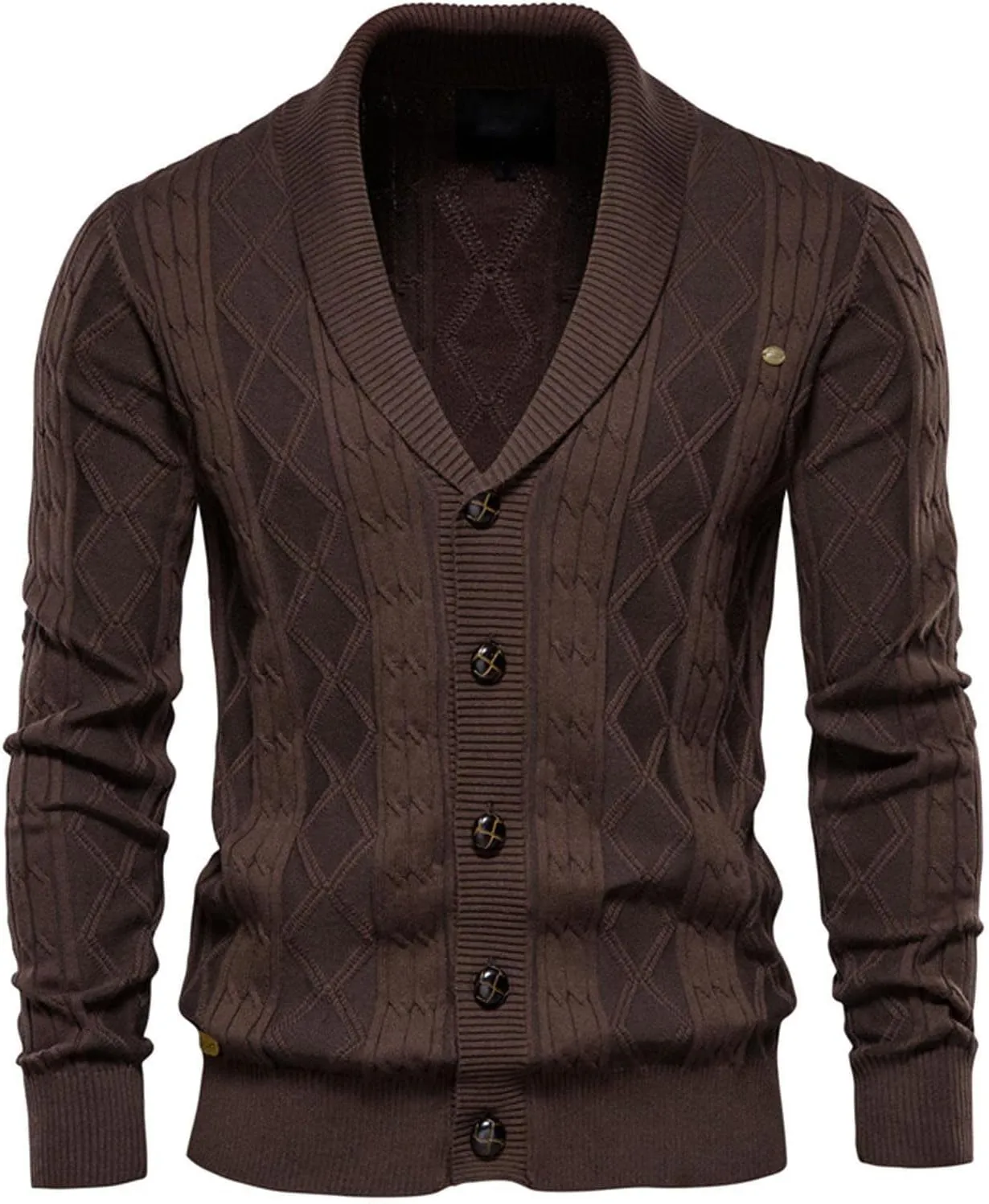 tuduoms Mens Shawl Collar Cardigan Sweater Argyle Cable Knitted Casual Winter Lightweight Button Down Thermal Chunky Sweater