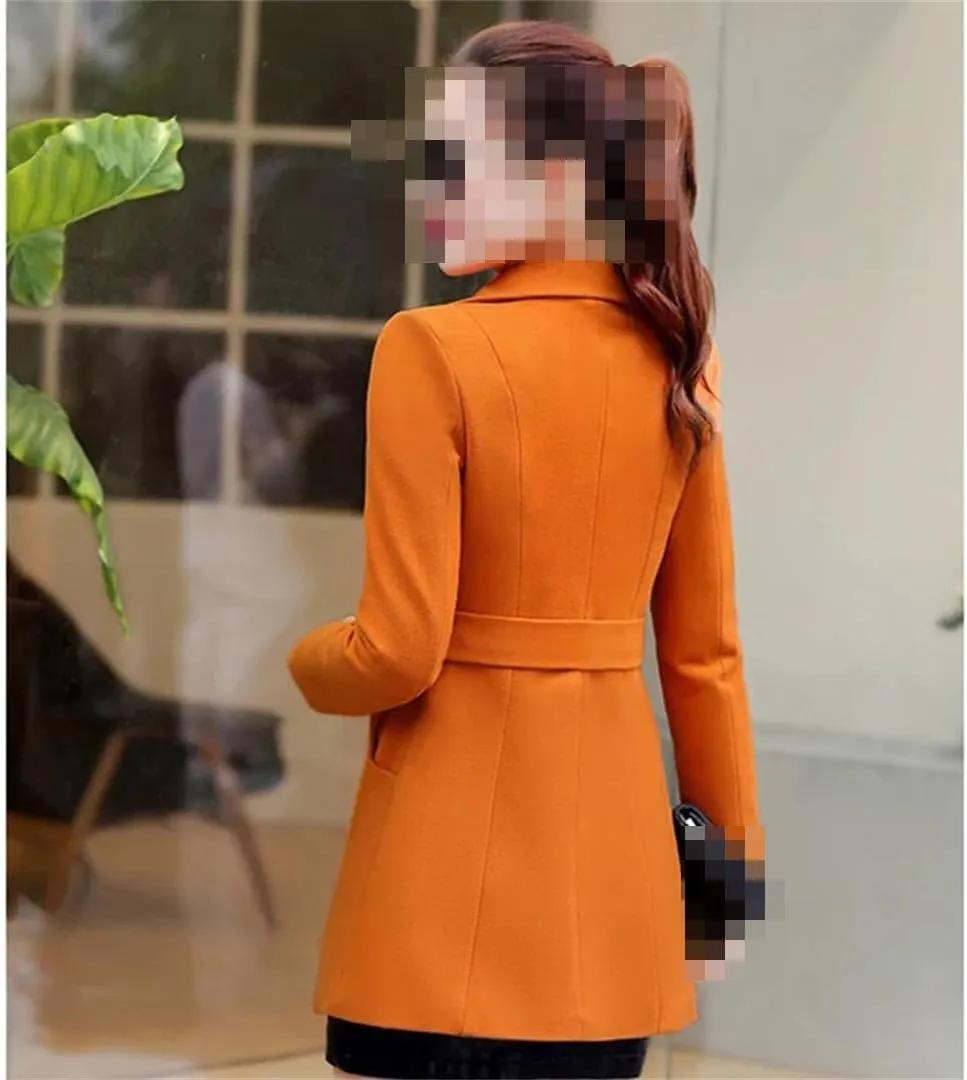 Vsadsau Women's Blended Wool Coat Autumn And Winter Lapel Solid Color Double-Breasted Jacket
