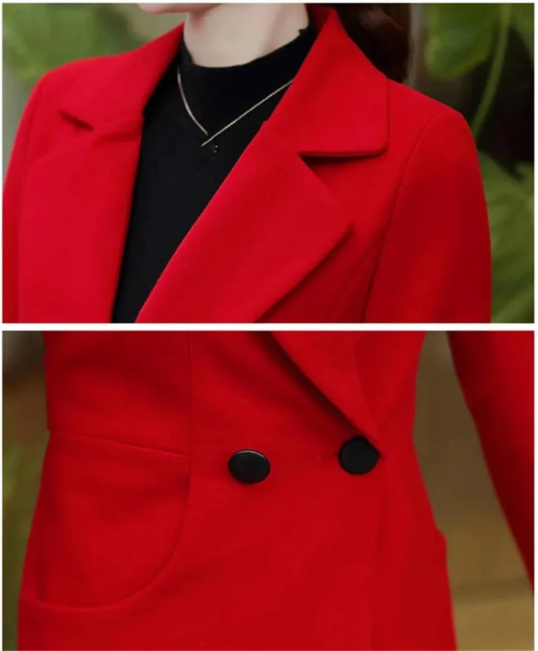 Vsadsau Women's Blended Wool Coat Autumn And Winter Lapel Solid Color Double-Breasted Jacket