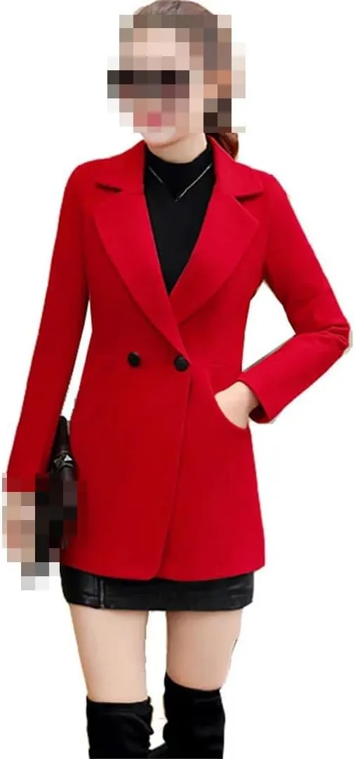Vsadsau Women's Blended Wool Coat Autumn And Winter Lapel Solid Color Double-Breasted Jacket