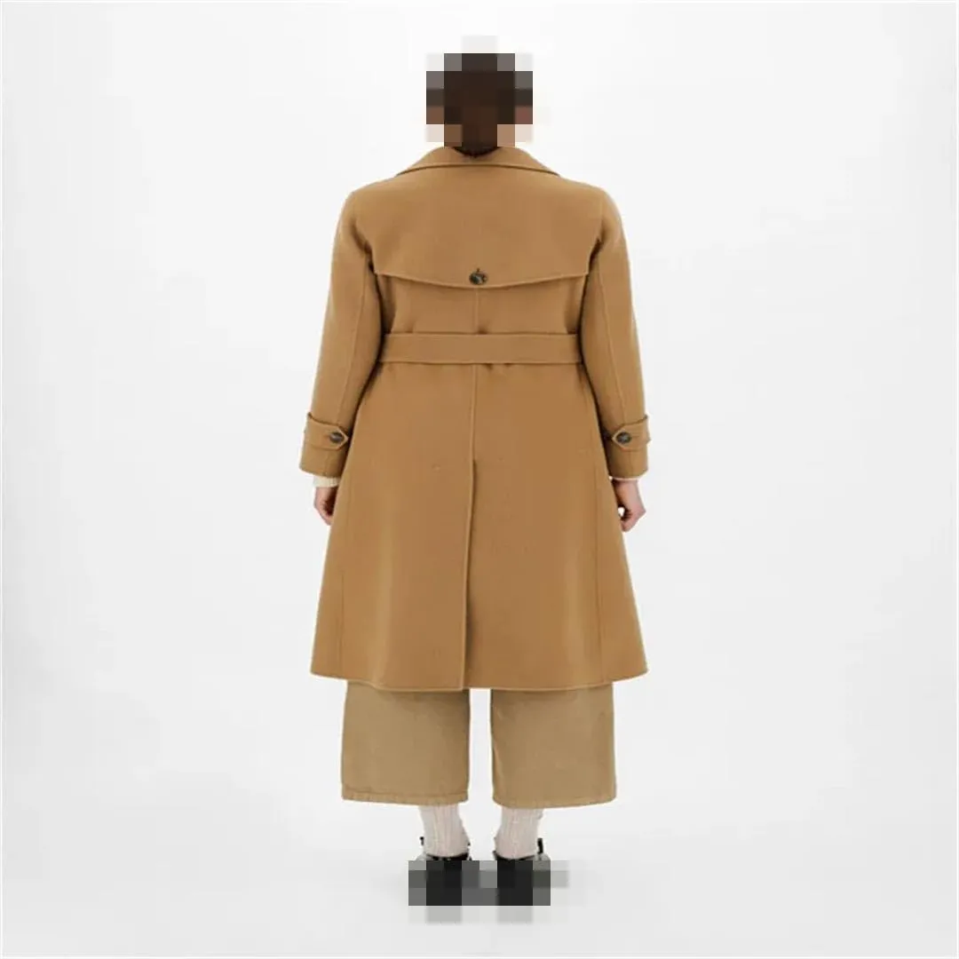 Vsadsau Women's Wool Blend Coat Autumn And Winter Double Breasted Long Solid Color Lapel Jacket