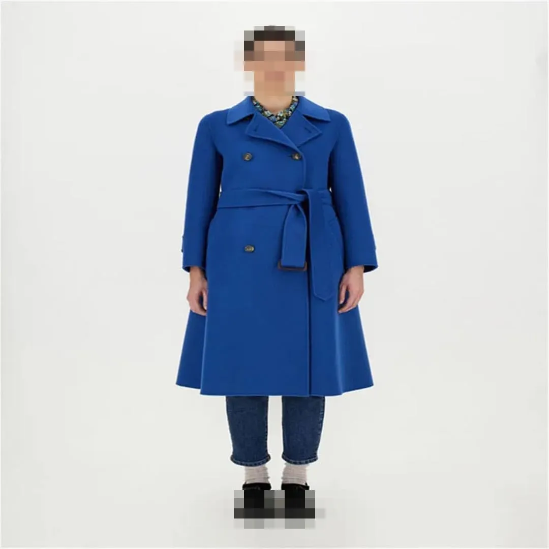 Vsadsau Women's Wool Blend Coat Autumn And Winter Double Breasted Long Solid Color Lapel Jacket