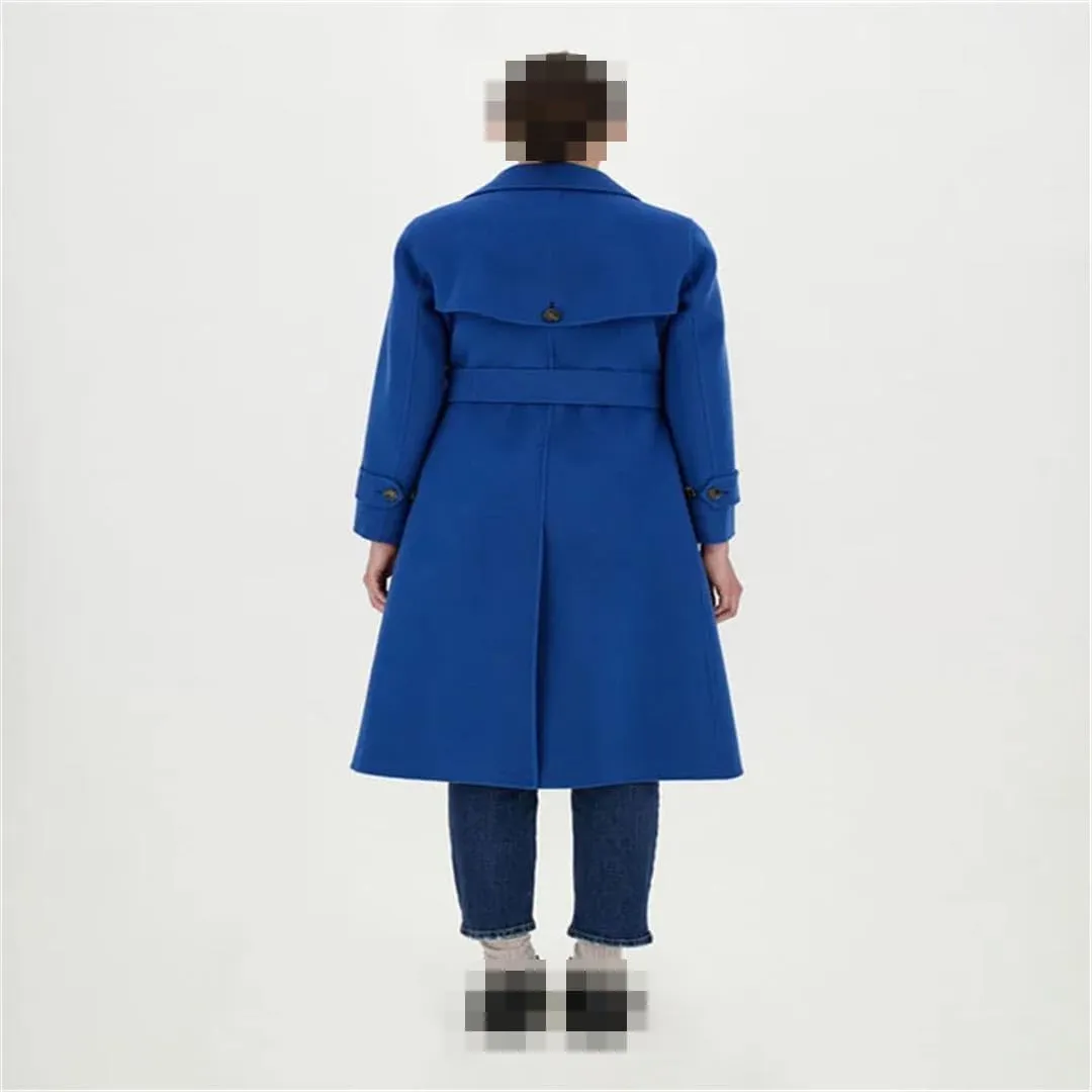 Vsadsau Women's Wool Blend Coat Autumn And Winter Double Breasted Long Solid Color Lapel Jacket