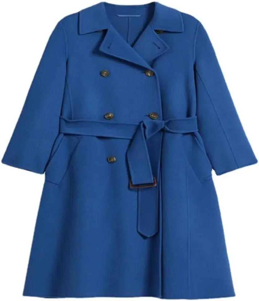 Vsadsau Women's Wool Blend Coat Autumn And Winter Double Breasted Long Solid Color Lapel Jacket