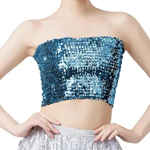 Women Sparkly Sequin Tube Top Stretchy Sleeveless Mermaid Crop Strapless Metallic Sexy Bra Top for Party Clubwear