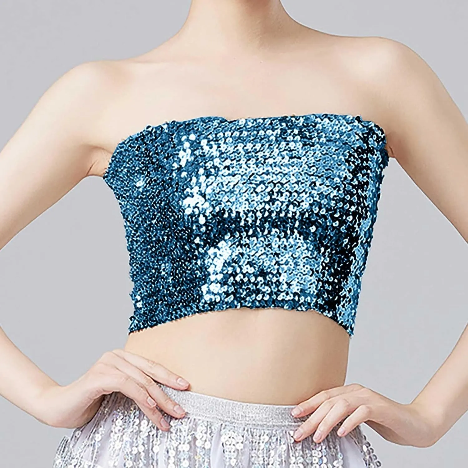 Women Sparkly Sequin Tube Top Stretchy Sleeveless Mermaid Crop Strapless Metallic Sexy Bra Top for Party Clubwear