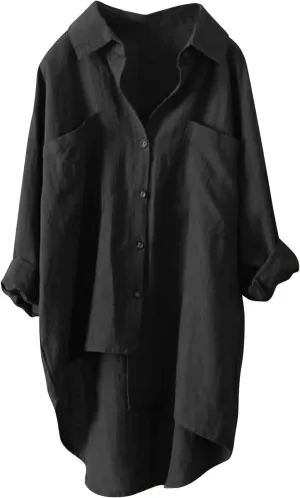 Womens Button Down Shirts Linen Cotton Long Sleeve Blouse Tunic Tops Cover Up Shirt Loose Beach Bikini Dress Plus Size