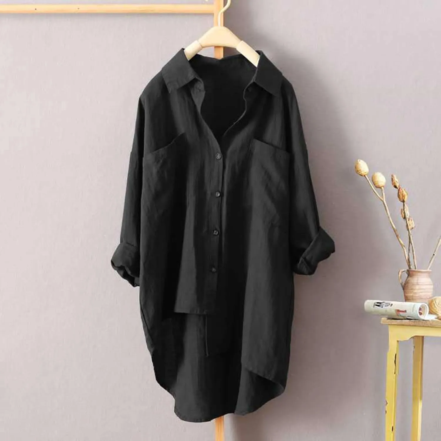 Womens Button Down Shirts Linen Cotton Long Sleeve Blouse Tunic Tops Cover Up Shirt Loose Beach Bikini Dress Plus Size