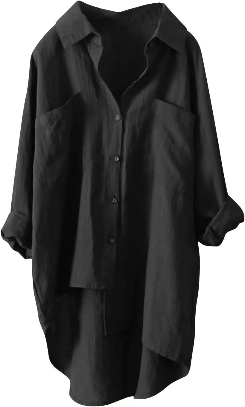 Womens Button Down Shirts Linen Cotton Long Sleeve Blouse Tunic Tops Cover Up Shirt Loose Beach Bikini Dress Plus Size