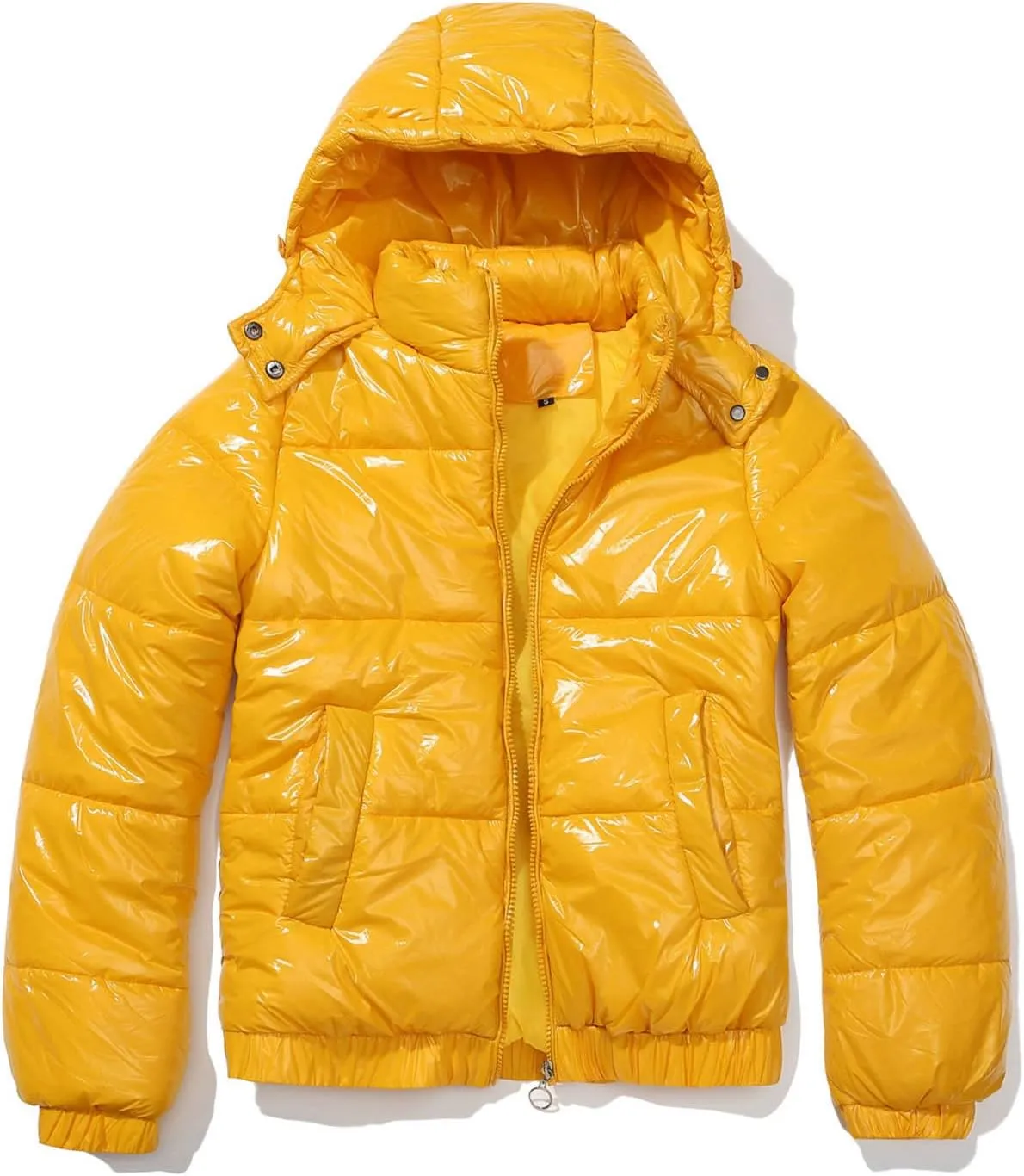 Womens Cropped Puffer Jacket Winter Shiny Zip up Padded Warm Quilted Jackets Short down Coats Hood Slim Fit Outerwear