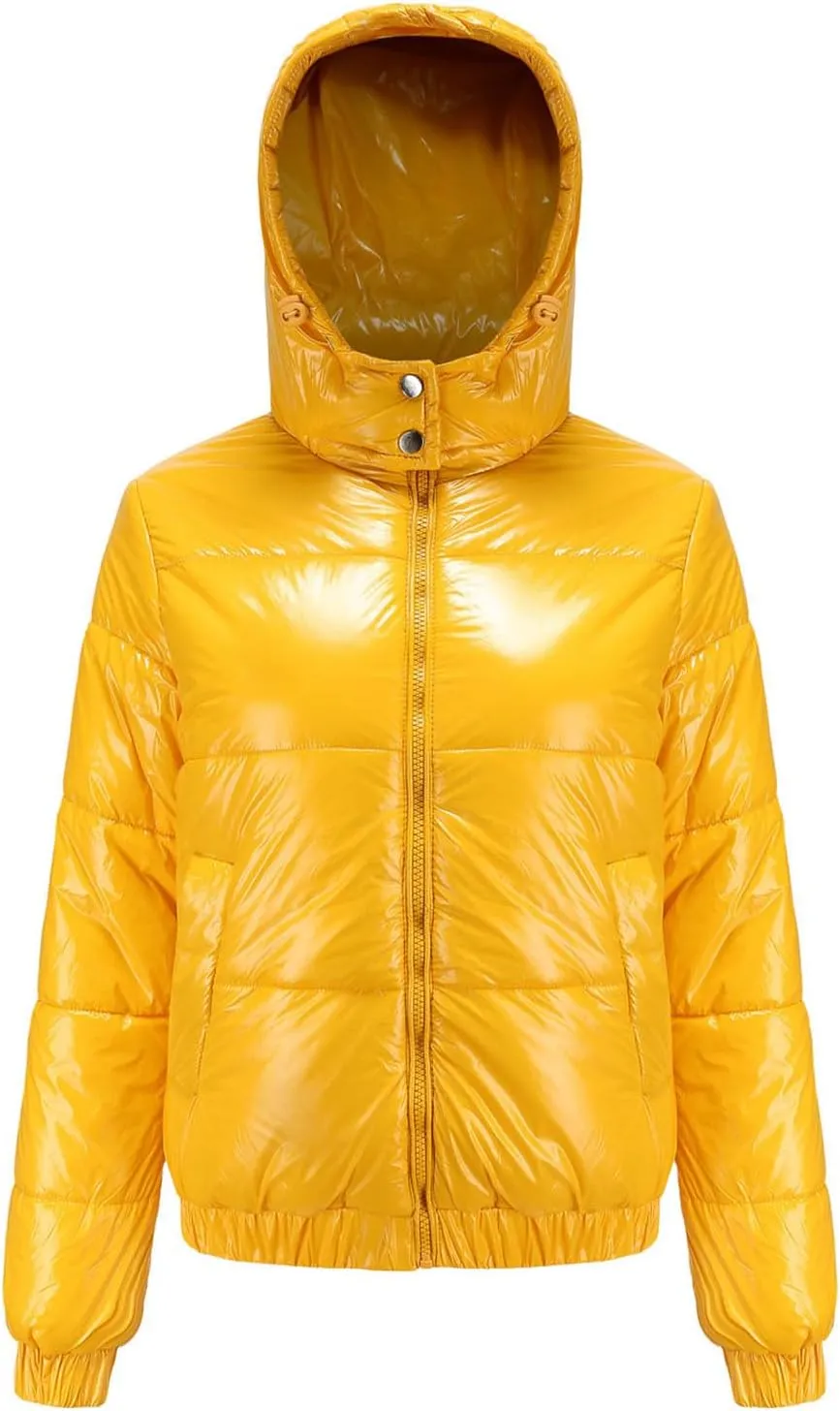 Womens Cropped Puffer Jacket Winter Shiny Zip up Padded Warm Quilted Jackets Short down Coats Hood Slim Fit Outerwear