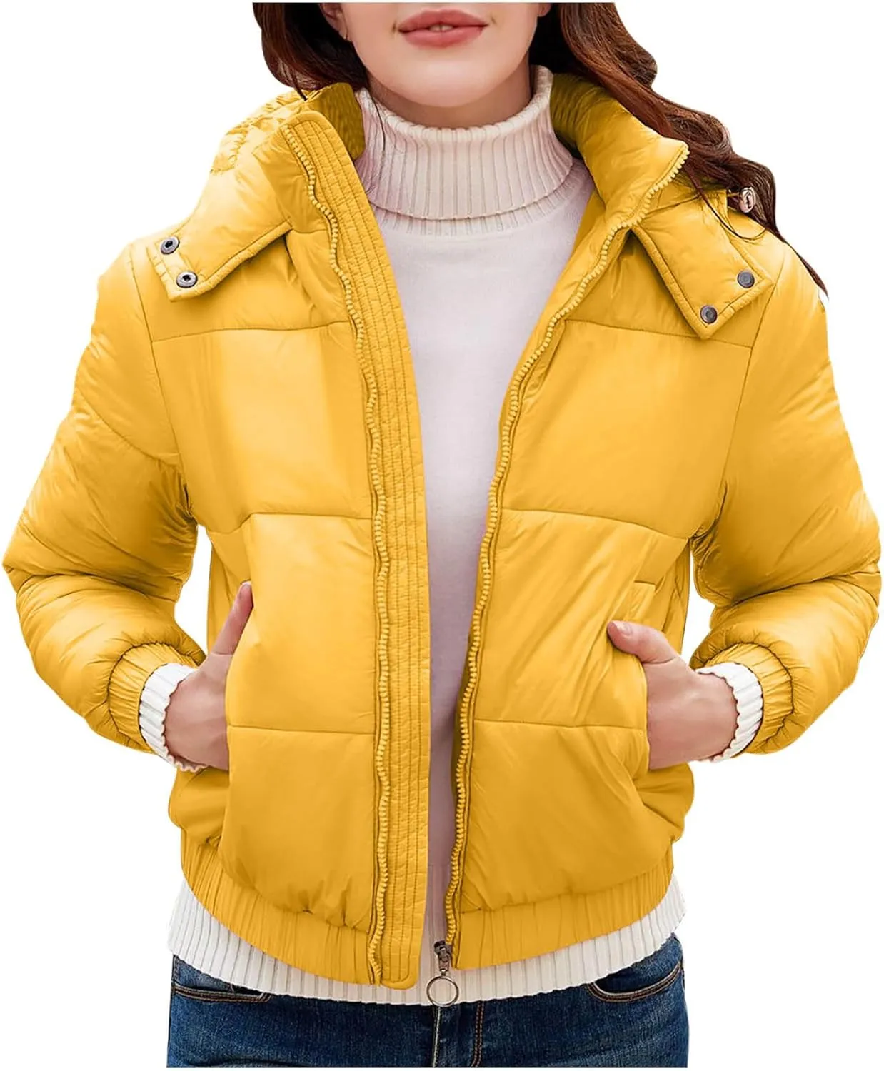 Womens Cropped Puffer Jacket Winter Shiny Zip up Padded Warm Quilted Jackets Short down Coats Hood Slim Fit Outerwear