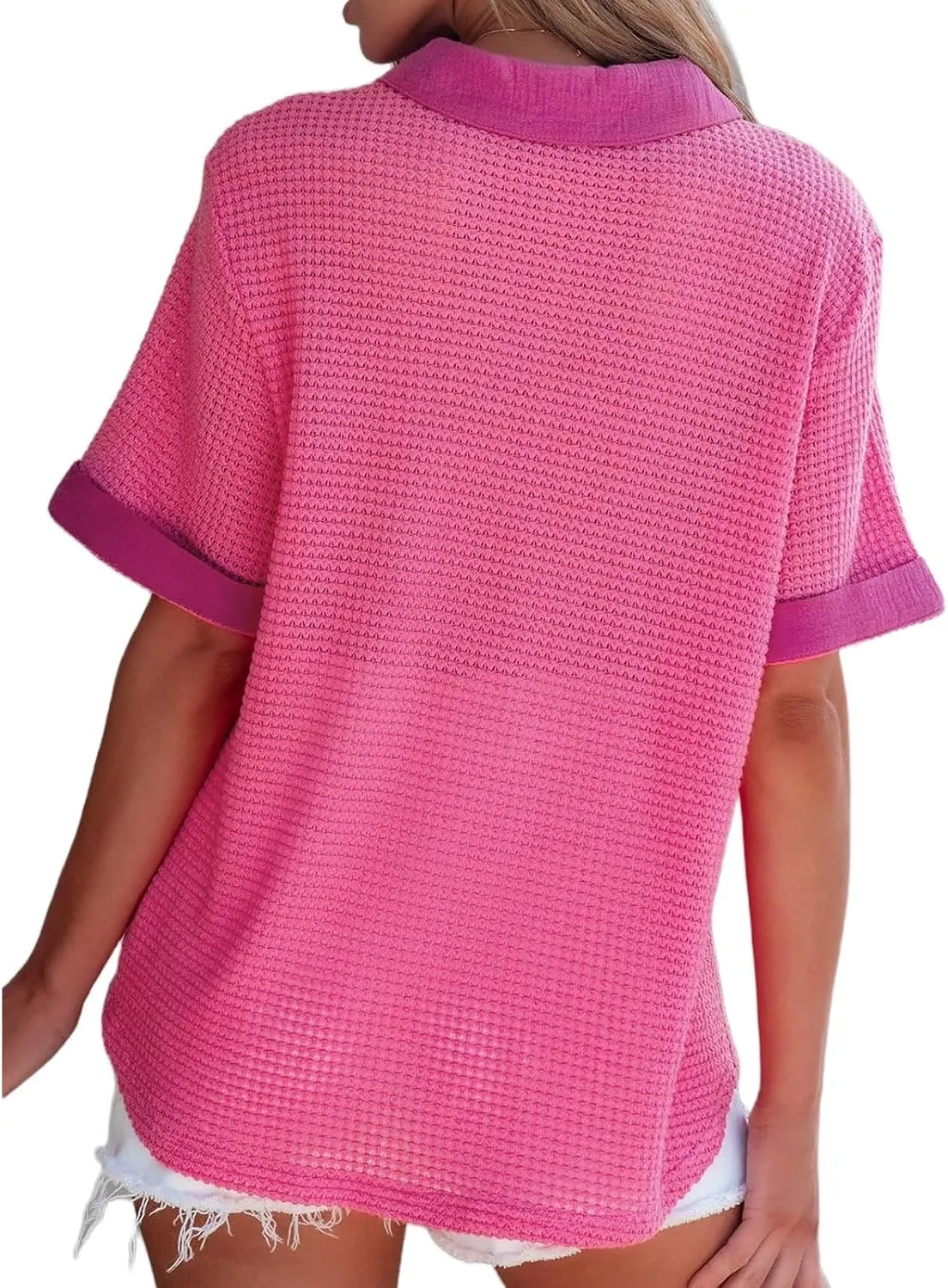 Womens Summer Tops Dressy Waffle Button Down Shirts Casual Short Sleeve V Neck Blouses Loose Formal Work Office Tops