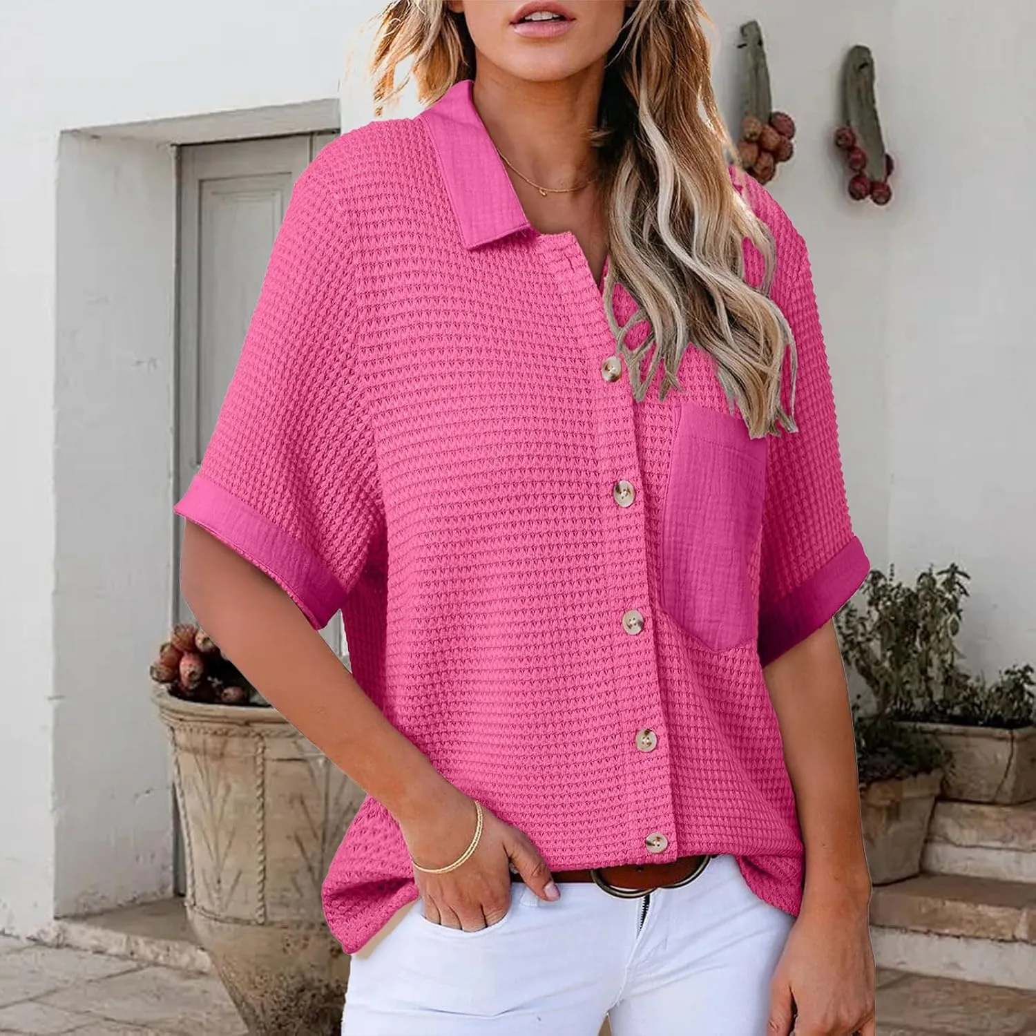 Womens Summer Tops Dressy Waffle Button Down Shirts Casual Short Sleeve V Neck Blouses Loose Formal Work Office Tops