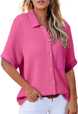 Womens Summer Tops Dressy Waffle Button Down Shirts Casual Short Sleeve V Neck Blouses Loose Formal Work Office Tops